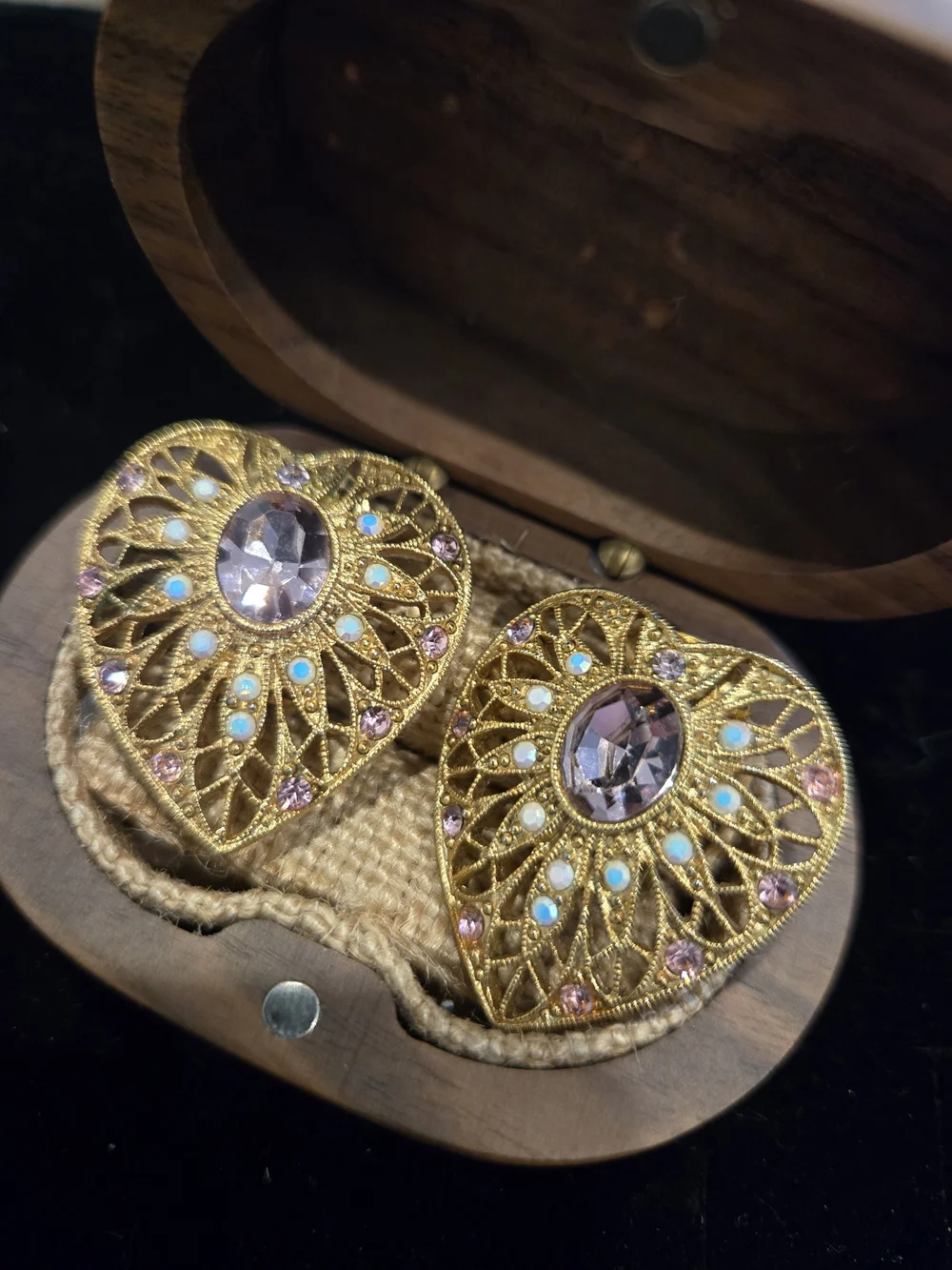 1928 Vintage Gold Tone Renaissance Style Heart Drop Earrings Faceted Cabochon